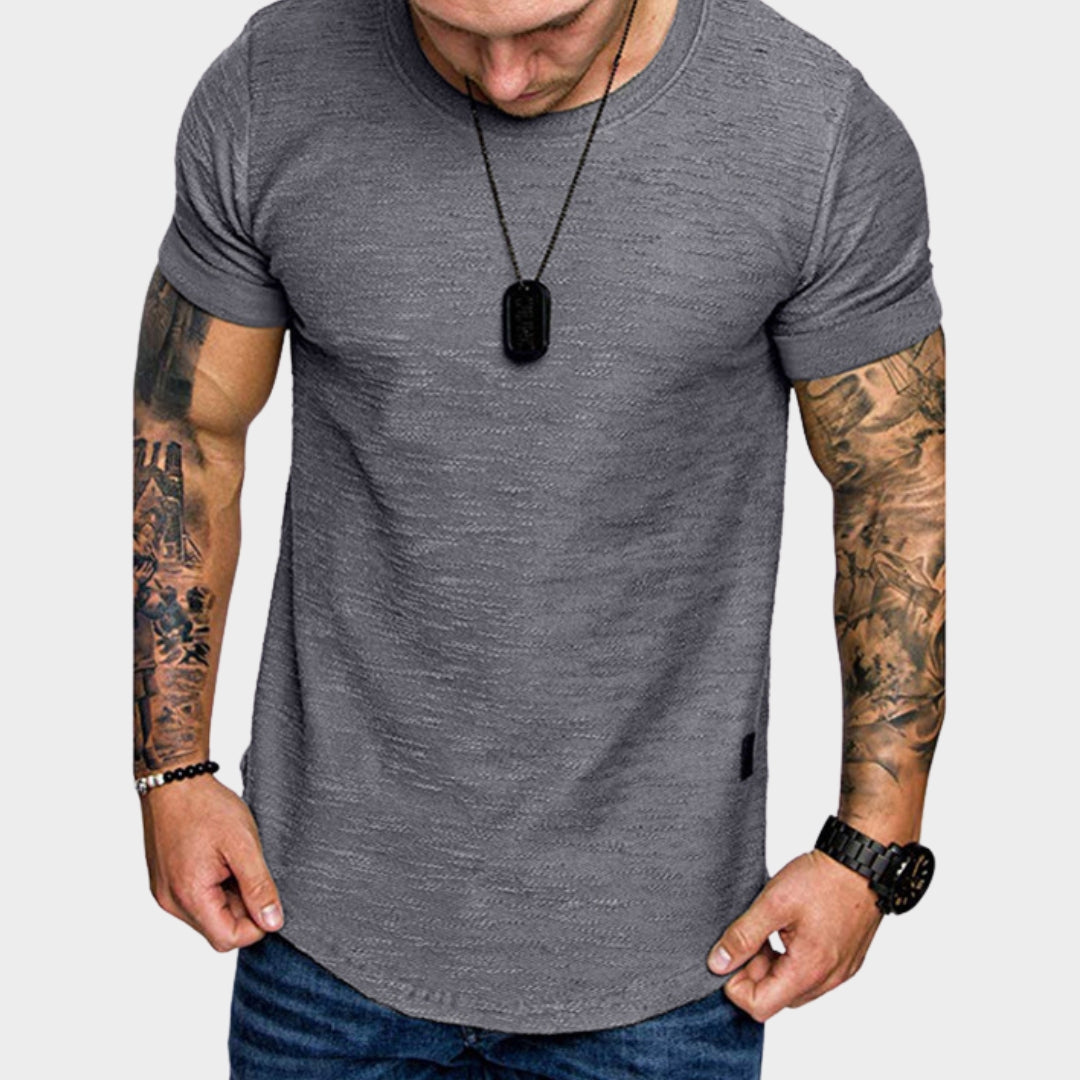 Men's Round Neck T-Shirt - Short Sleeve - Solid Colour with Leather Label - Casual & Stylish