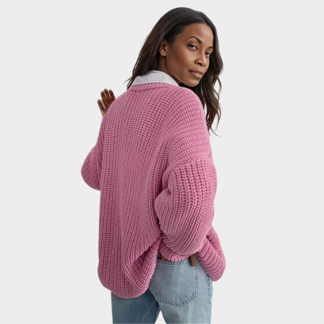 Elegant Women’s Knitted Sweater – Round Neckline, Long Sleeves, Pink, Green, Comfortable Fit