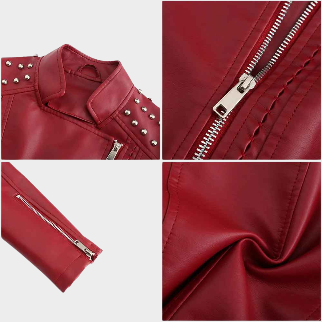 Women's Leather Jacket – Punk Rivet Moto Biker Style with Slim Fit and Turndown Collar – Multiple Colours