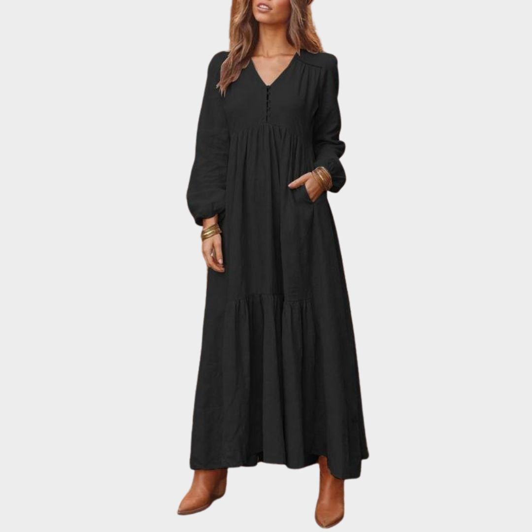 Women's Cotton and Linen Vintage Long Dress – V-Neck Maxi - Casual Loose Fit - Multiple Colors