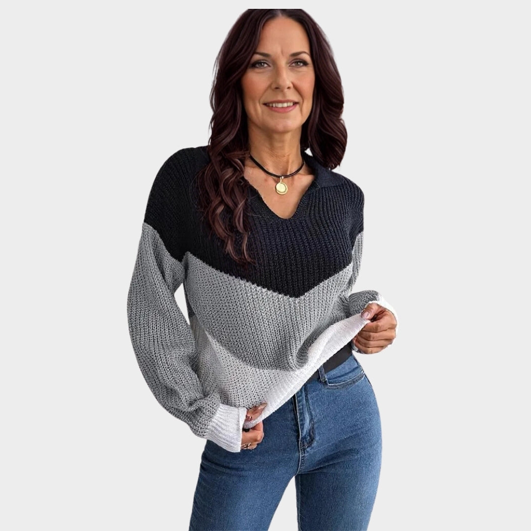 Autumn Winter Lapel Women’s Sweater - Thickened Warm Knit, Lantern Sleeve, Patchwork, Multi-Color