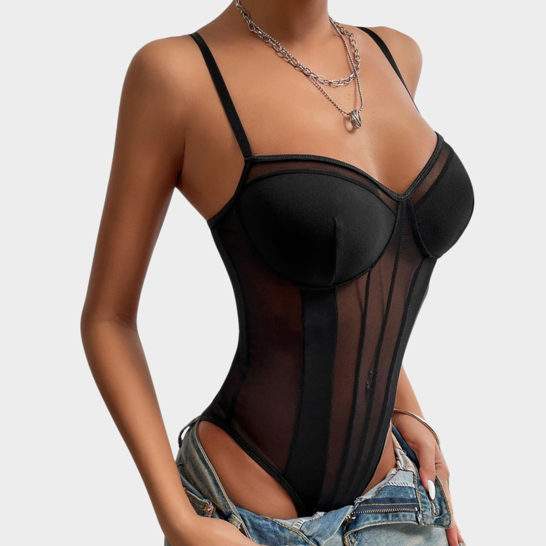 Women's Sheer Mesh Corset Bodysuit - Adjustable Straps - Padded Bustier Top - Slim Fit & Supportive