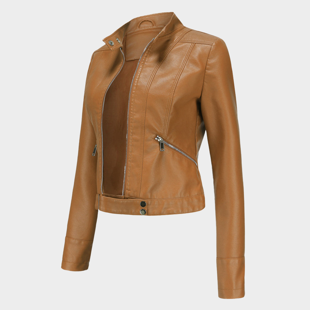 Women's Slim Fit Leather Jacket – Short Length – Stand Collar – Stylish Outerwear – Multiple Colours