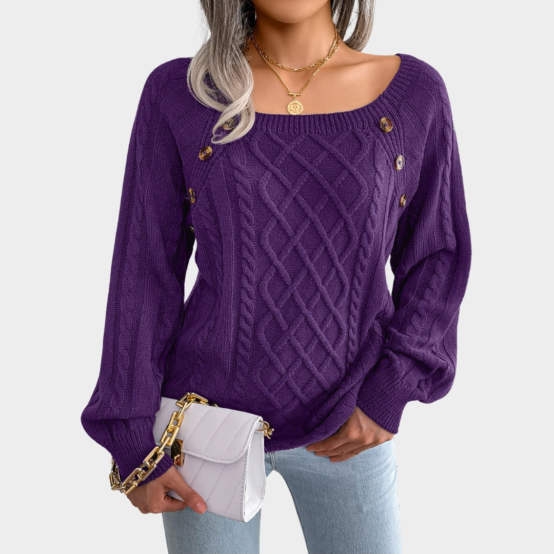 Women’s Cable Knit Sweater – Square Neck, Button Detail, Ribbed, Long Sleeve, Solid Color Pullover