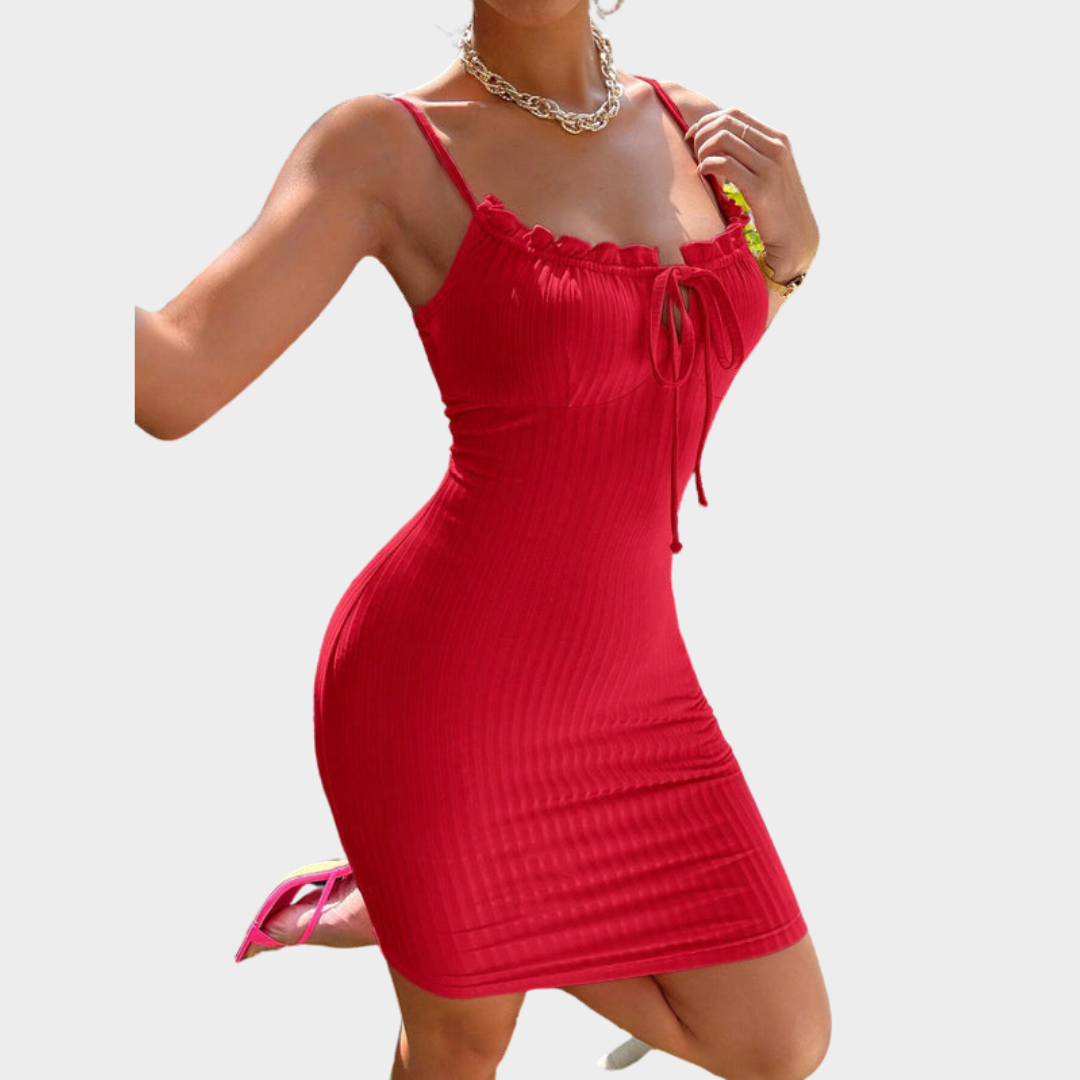 Women's Spaghetti Strap Mini Dress – Ruffled Lace-Up – Bodycon Fit – Multiple Colours