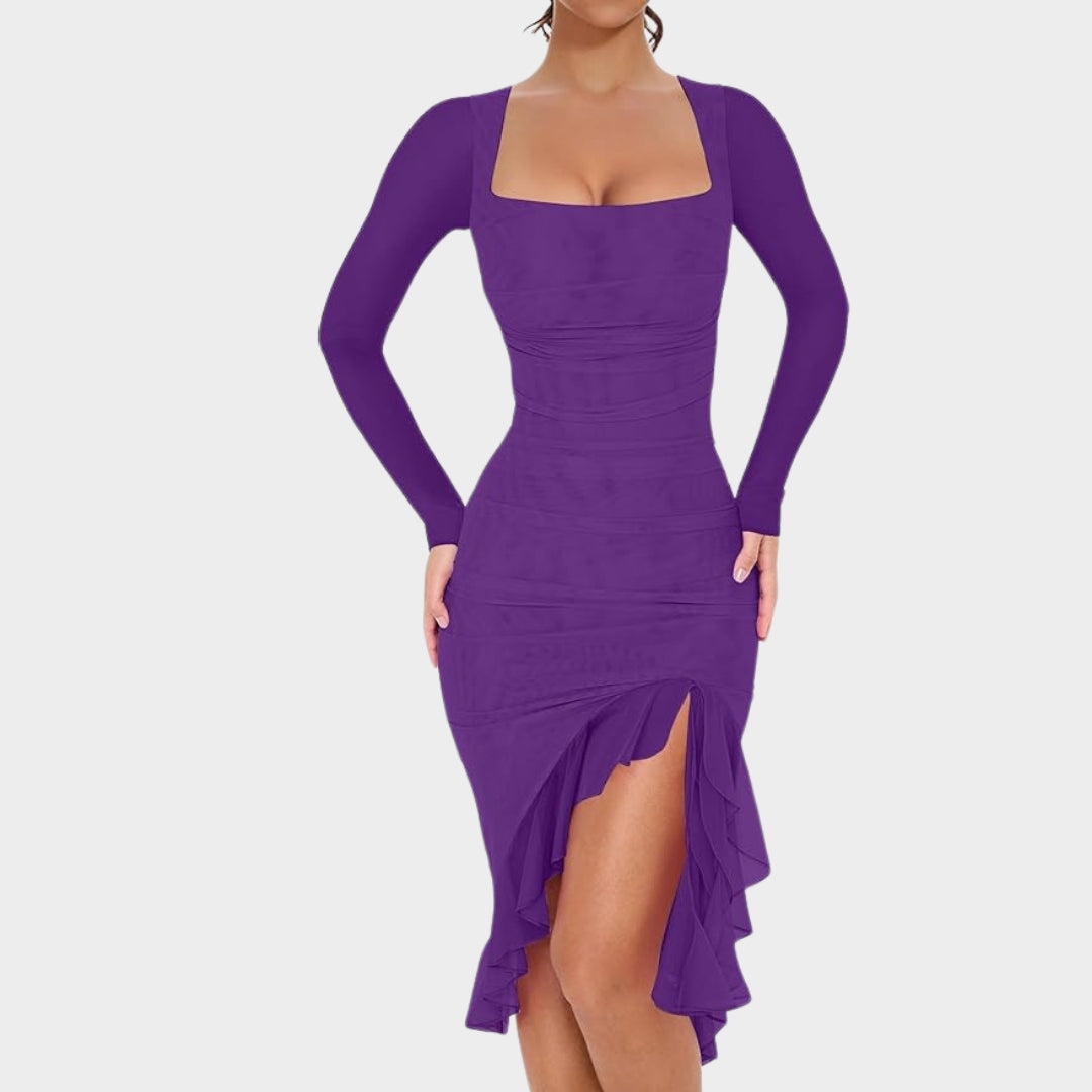 Women's Ruched Bodycon Dress - Long Sleeve - Square Neck - Ruffle Hem - Elegant Cocktail Party Dress - Multiple Colours