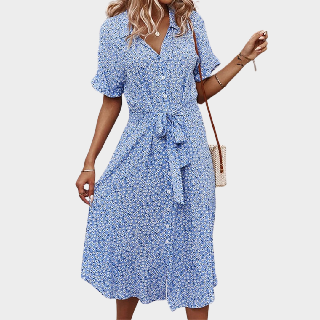 Women's Floral V-Neck Midi Dress – Short Sleeve – Button Front – Casual Loose Fit – Lightweight Fabric – Multiple Colours