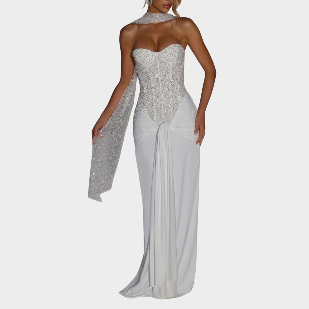 Women’s Off-Shoulder Evening Gown – Luxury Strapless Party Dress with Embellished Mesh Bodice and Slinky Jersey Skirt – Multiple Colours