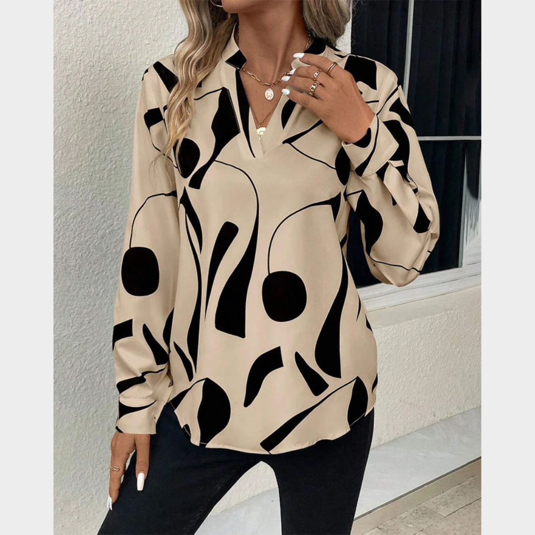 Women’s Relaxed Fit Blouse – V-Neck Abstract Print – Long Sleeve Luxury Fabric – Multiple Colours