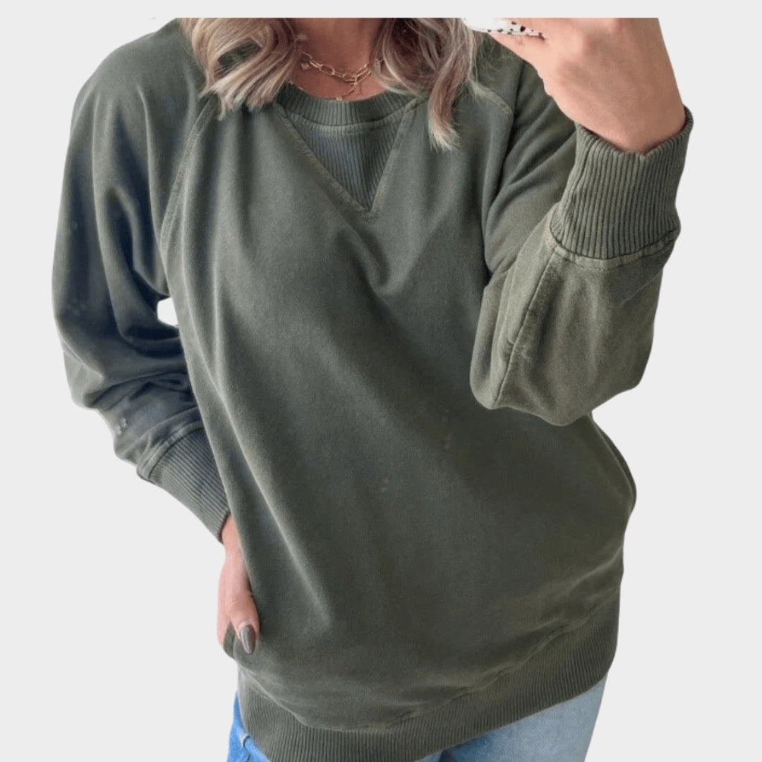 Women’s O-neck Sweater Shirt - Solid Color Long Sleeve Pocket Top, Casual Loose Fit, Apricot, Black Ash, and More