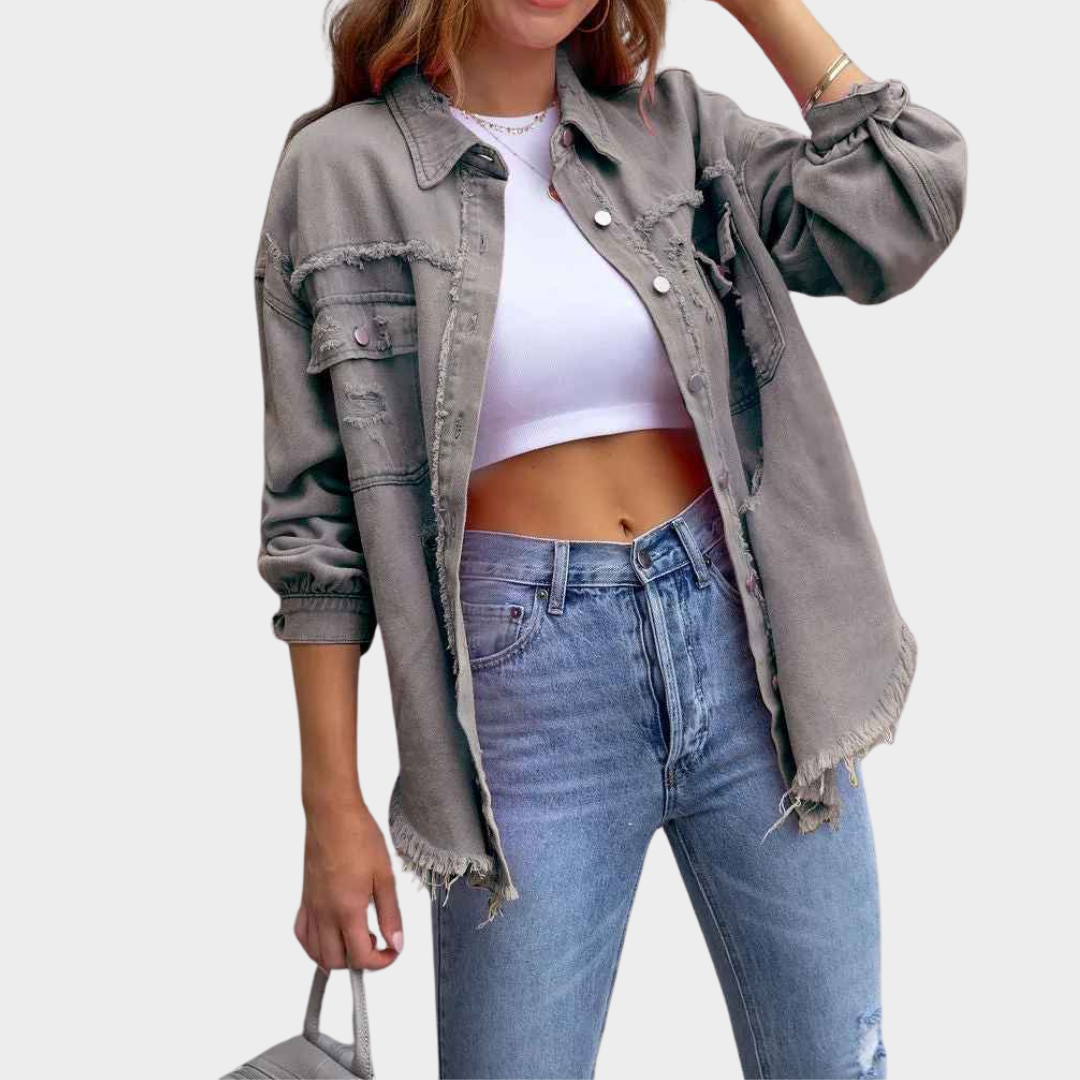 Women's Denim Jacket - Long Sleeve Casual Fit - Distressed Hollow-Out Design - Button-Up - Multiple Colours
