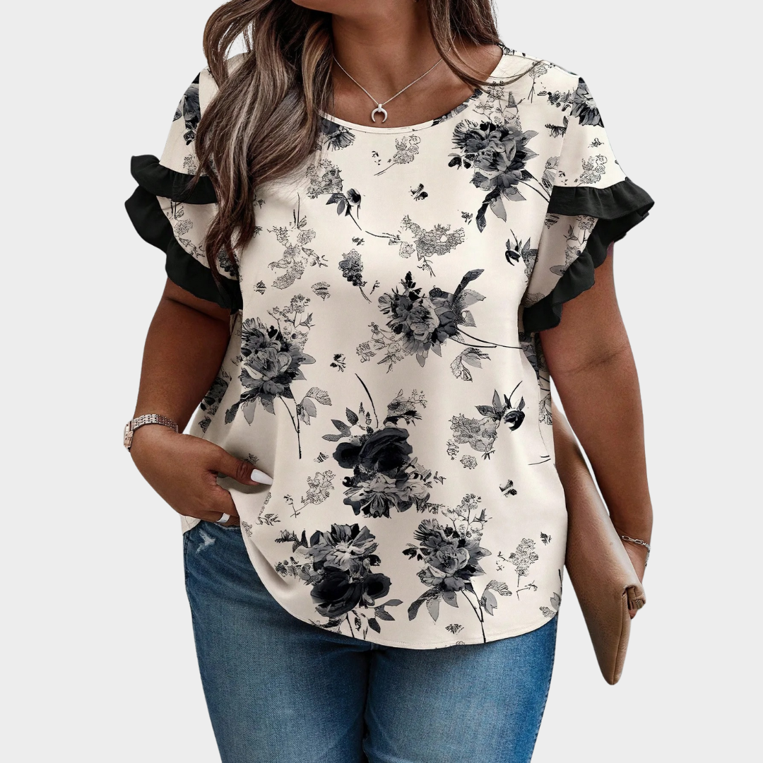 Women's Floral Ruffle Sleeve Blouse – Short Sleeve Round Neck – Elegant Relaxed Fit Cotton-Polyester Blend – Multiple Colours