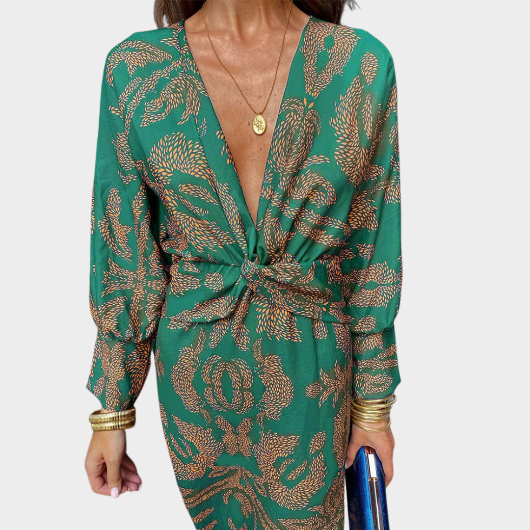 Women's Retro Printed Midi Dress – Elegant Round Neck Long Sleeve Party Dress – Multiple Colours