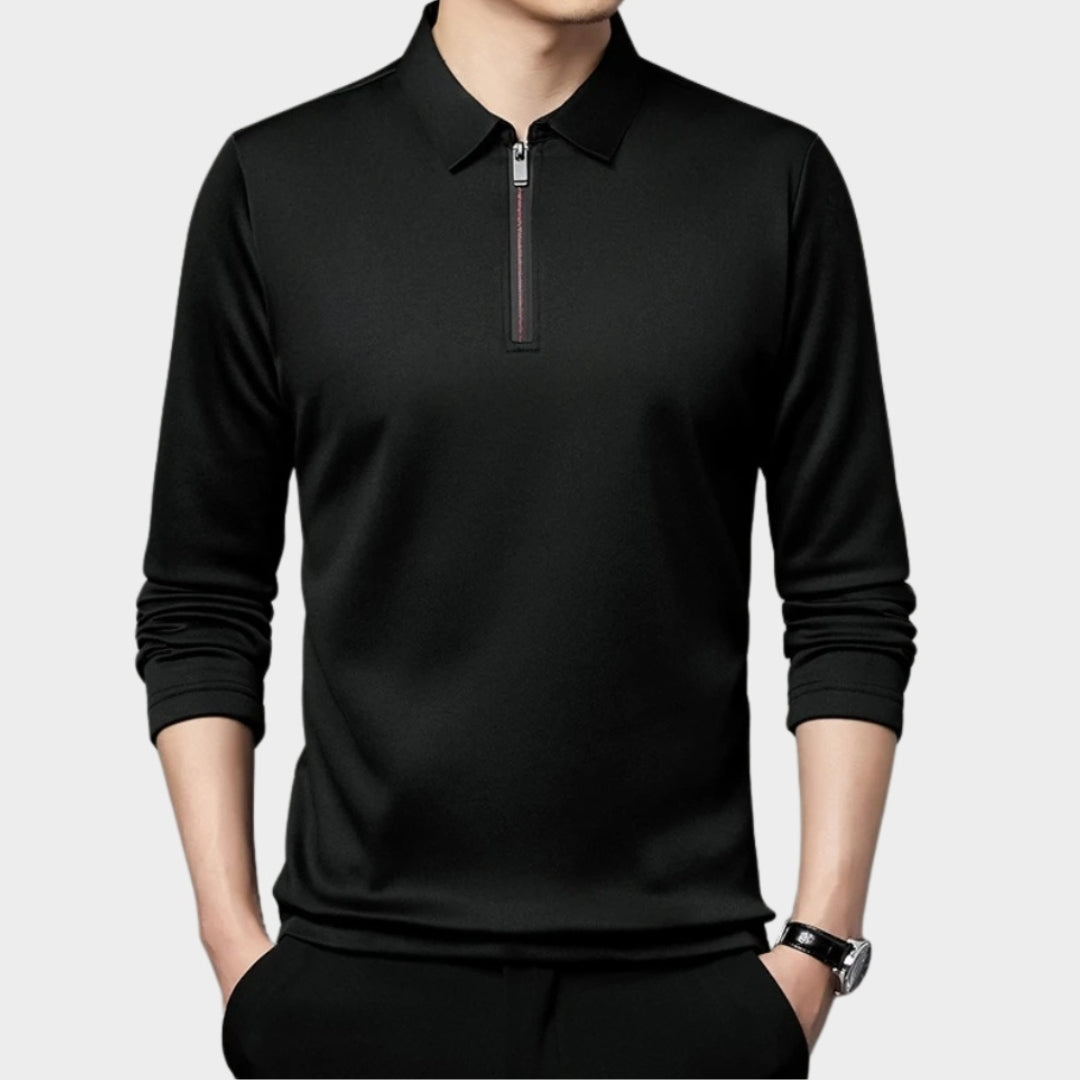 Men's Long Sleeve Polo Shirt - Solid Color Zipper Polo Neck Top, Navy Blue, Black, Blue, and More