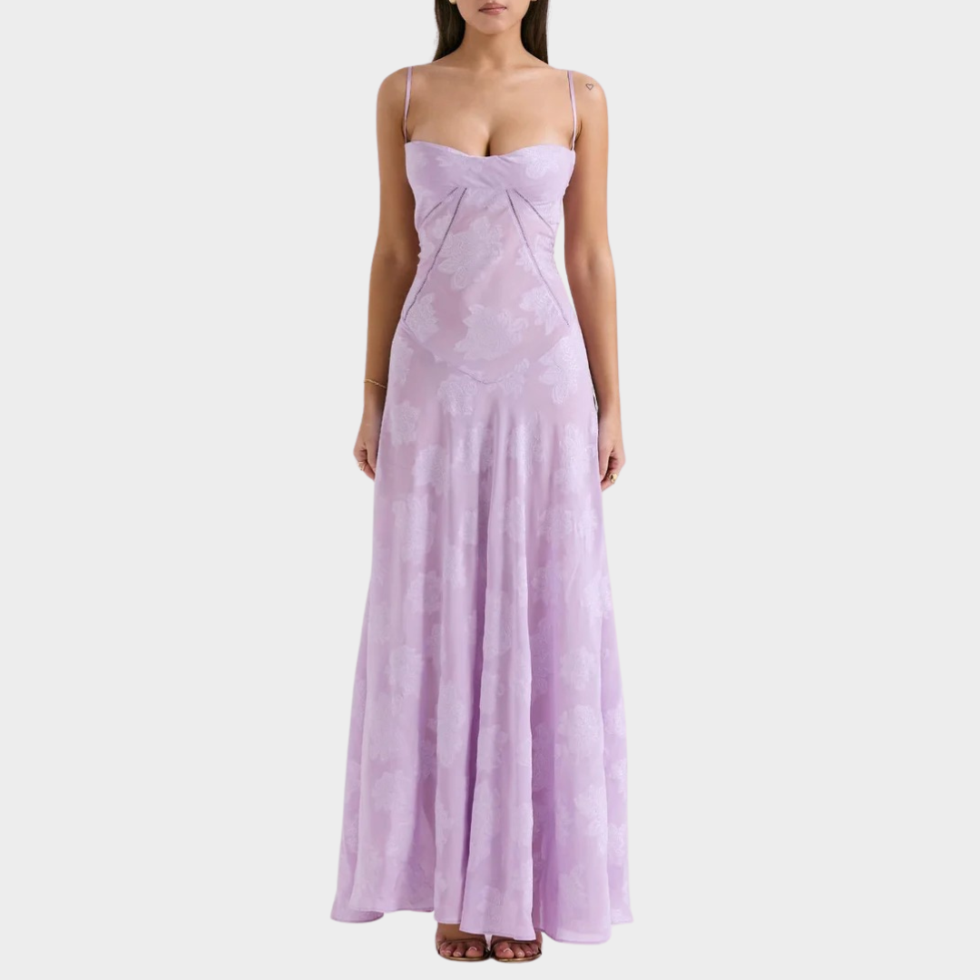 Women’s Formal Maxi Dress – Spaghetti Strap Embroidered Mesh Overlay – Elegant Fit for Events – Sheer Detailing – Multiple Colours