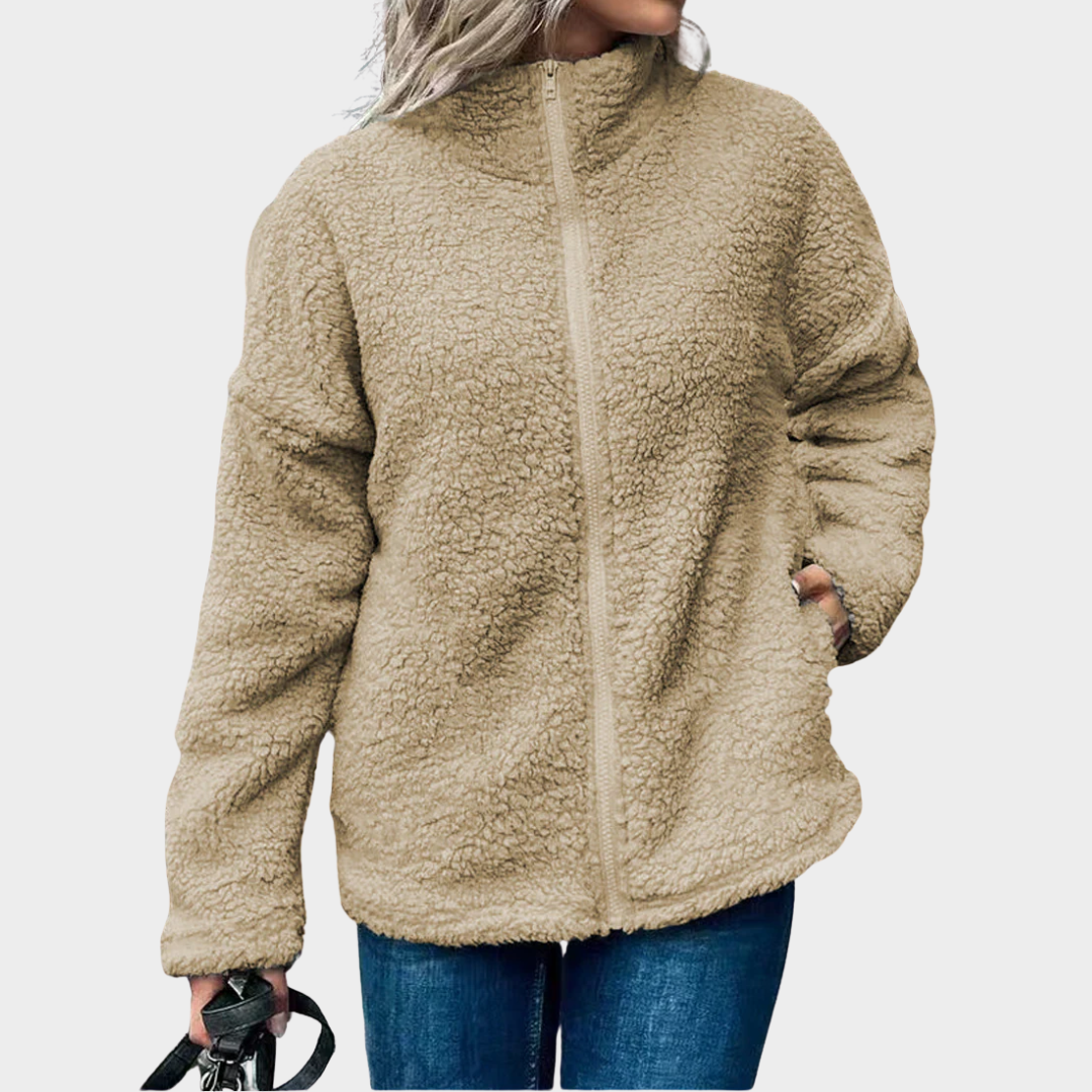 Women’s Oversized Fleece Coat – Wool Blend Casual Jacket with Stand Collar and Zip Front – Multiple Colours