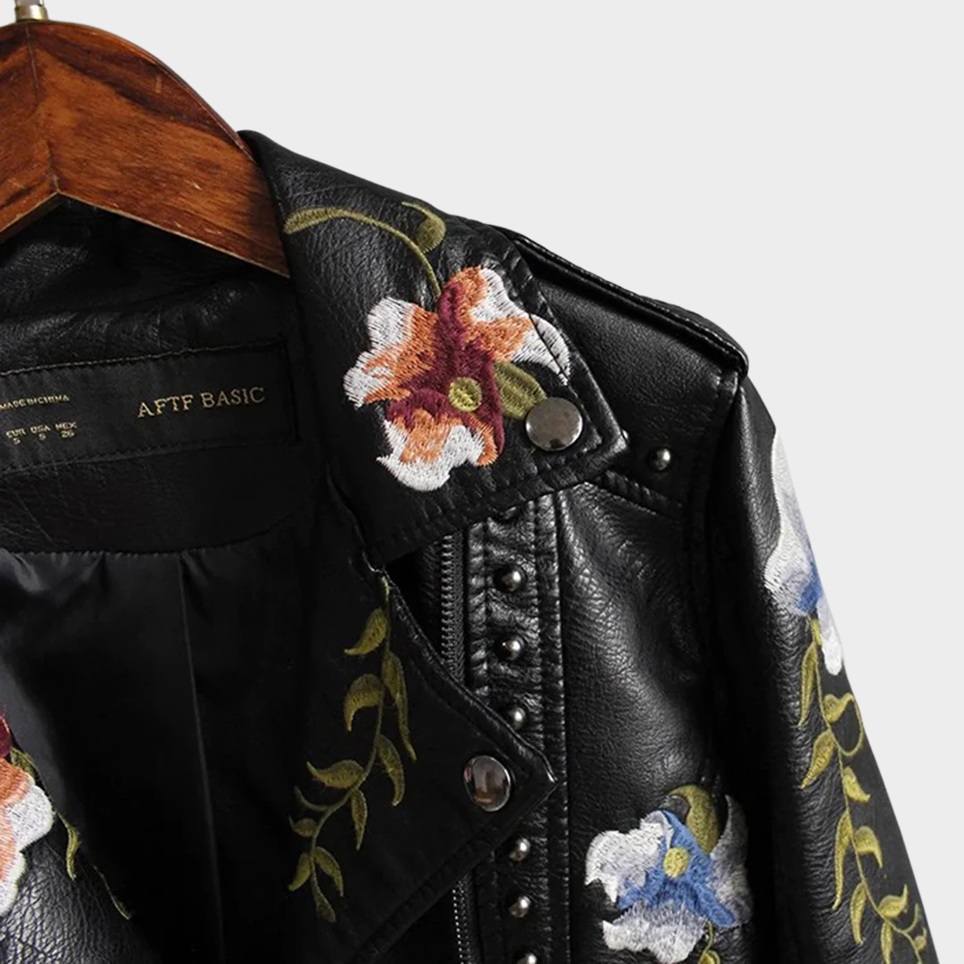 Women's Faux Leather Jacket – Floral Embroidery – PU Motorcycle Coat – Casual Outerwear – Multiple Colours