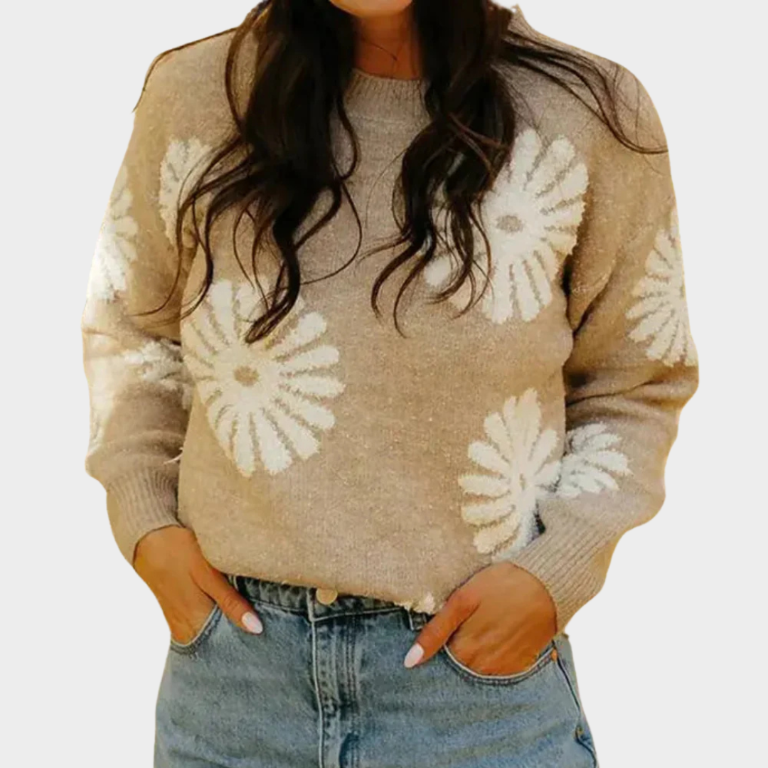 Women’s Knitted Sweater – Floral Pattern – Soft & Breathable – Relaxed Fit – Beige