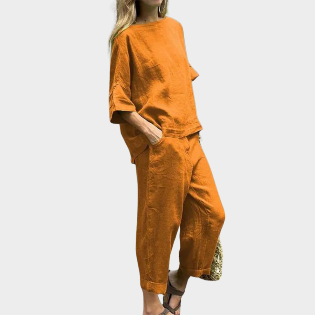 Women's 2-Piece Cotton Linen Set – Loose-Fit Shirt & High-Waisted Trousers – Multiple Colours