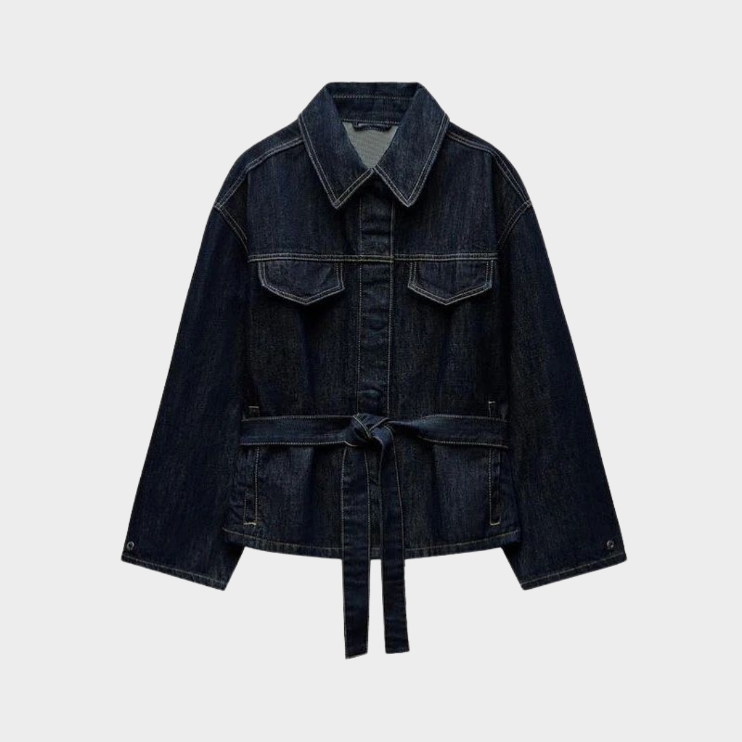 Women’s Denim Jacket & Trousers Set – Vintage Style – Belted Waist – Loose Fit – Blue