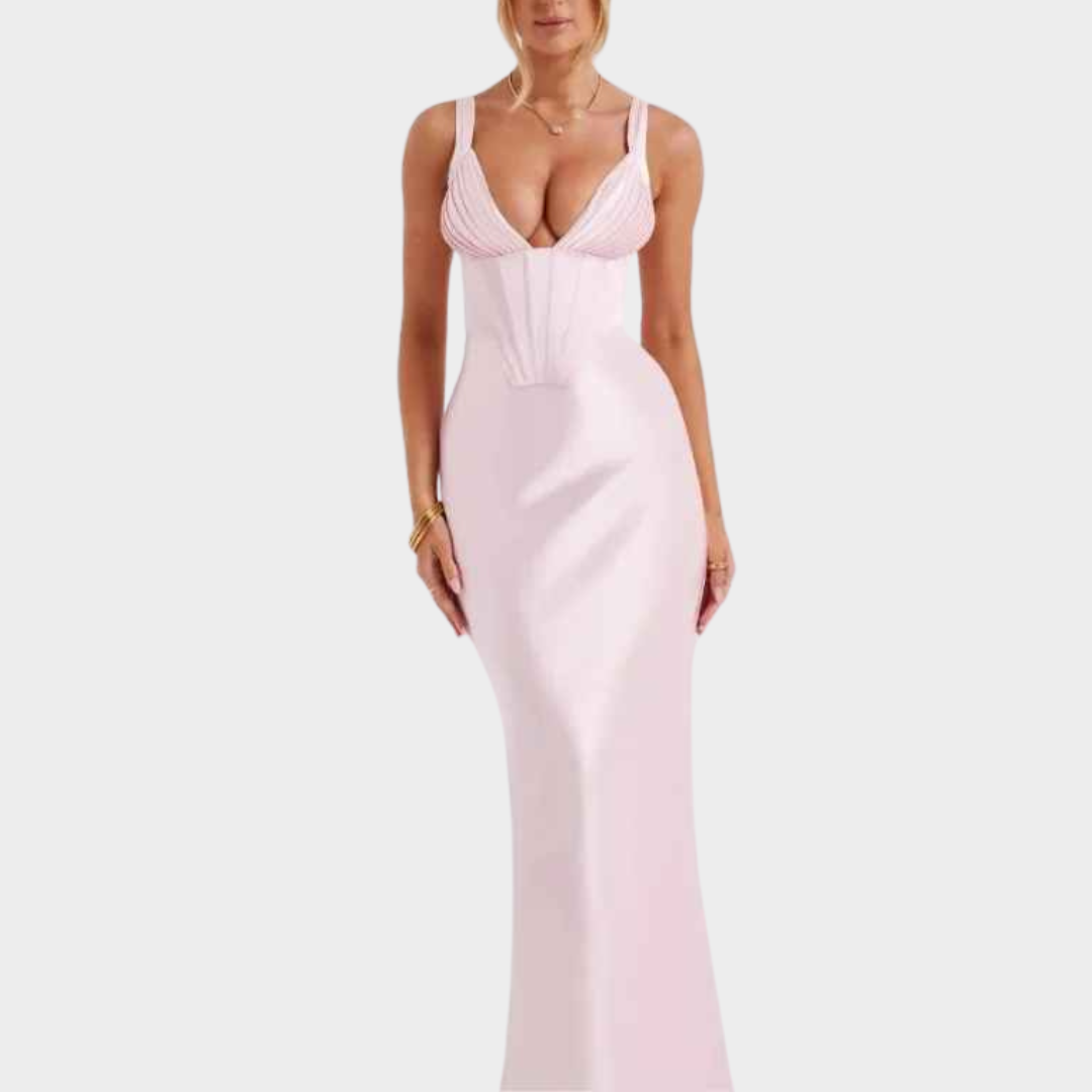 Women Corset Satin Mermaid Dress – Deep V Neck Backless Floor Length Bodycon Gown for Wedding Prom and Formal Evening – Multiple Colours
