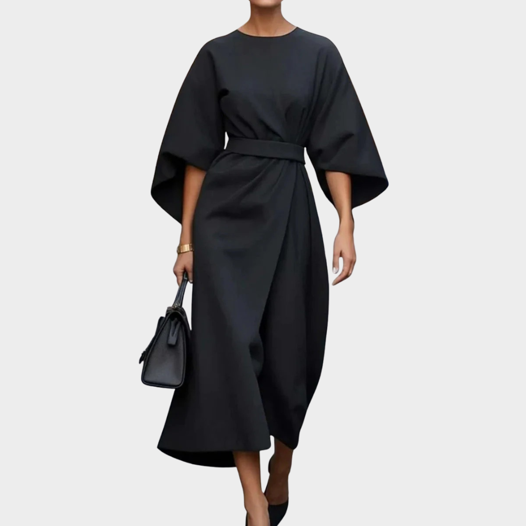 Women’s Elegant Belted Statement Dress – Cape Style Batwing Sleeves with Slim Waist Design – Multiple Colours