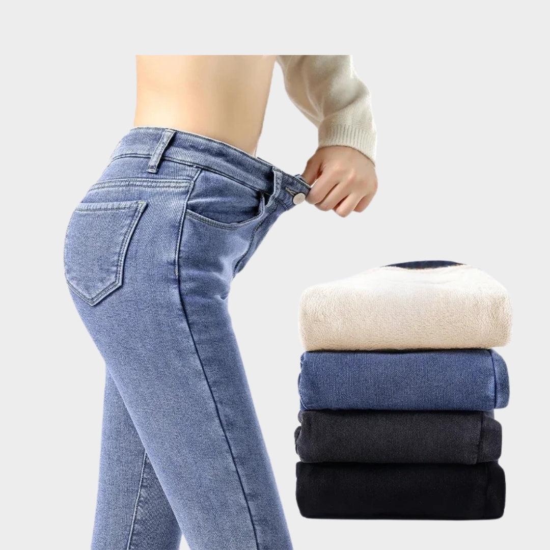 Women’s High Waist Skinny Jeans - Winter Thick Velvet Warm Fleece Denim Pants, Stretch Slim Fit, Blue Grey, Black, Vintage Blue, Grey