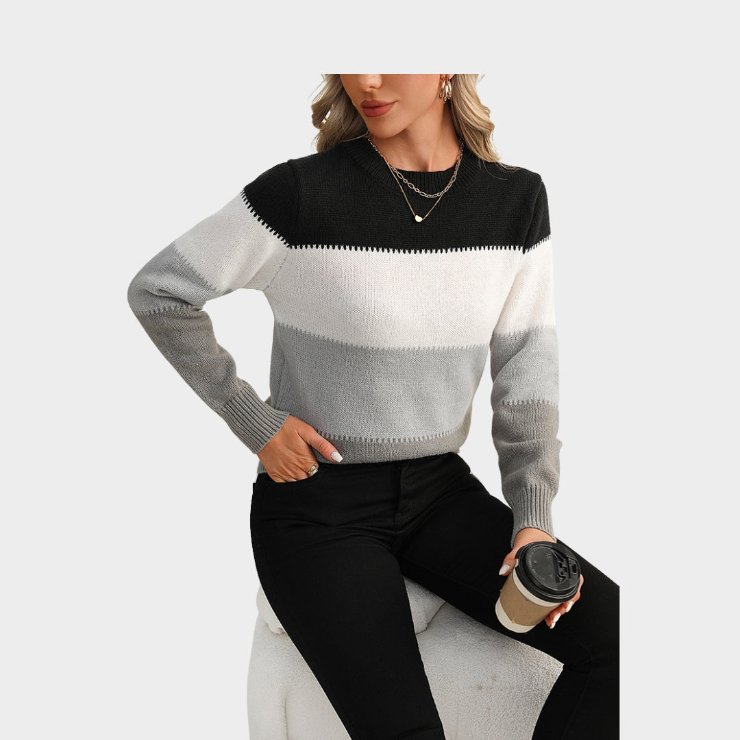 Women’s Knitted Sweater - Soft Contrast Color Pullover, Casual Fall Winter Fashion