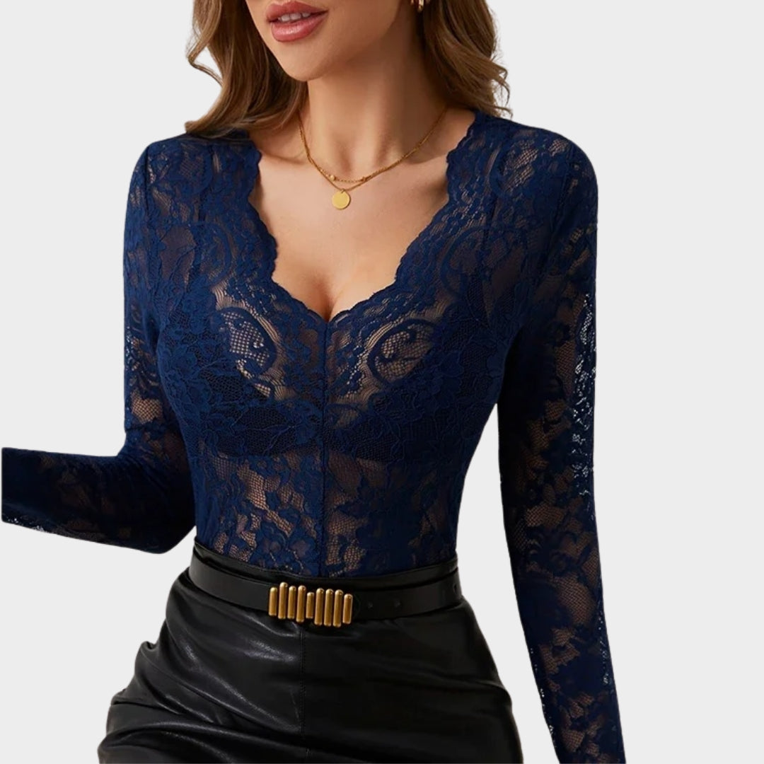 Women's Lace Bodysuit - Long Sleeve Corset Top - Hollow Out Design - Elegant & Chic - Multiple Colours