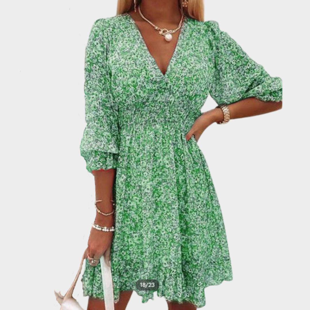 Women’s Floral Print V-Neck Dress – Short Sleeve A-Line Pullover Dress – Elegant Fit – Multiple Colours
