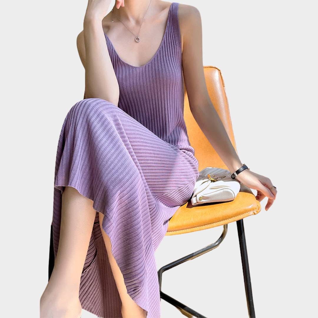 Women's Knitted Sleeveless Maxi Dress - V-Neck - Spaghetti Strap - Multiple Colours