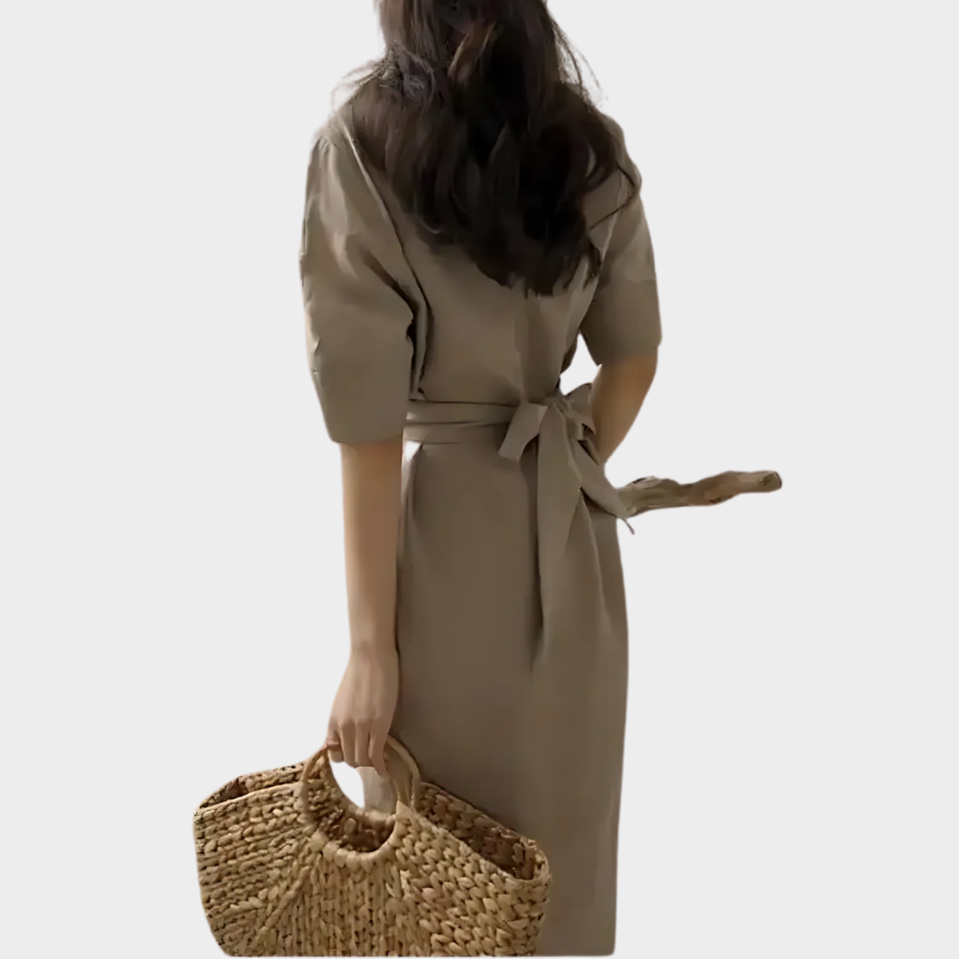 Women's Minimalist Fashion Dress – Half Sleeve O-Neck Irregular Lace-Up Fit – Cotton-Polyester Blend – Light Brown