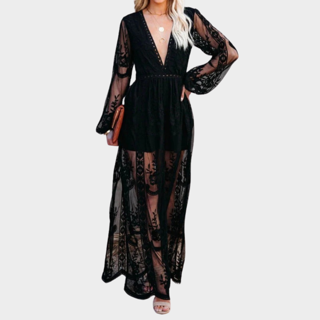 Women’s Bohemian Maxi Dress – Embroidered Lace V-Neck with Hollow Out Detail – Flowy Casual Fit – Cotton Blend – Multiple Colours