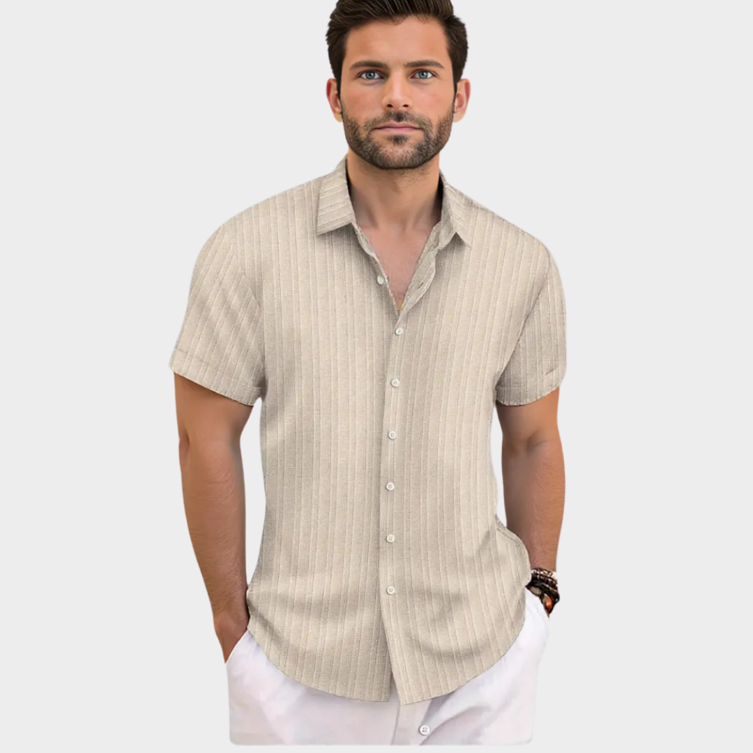Men's Short-Sleeved Jacquard Shirt - Wave Strip Pattern - Casual Fit Blouse - Multiple Colours