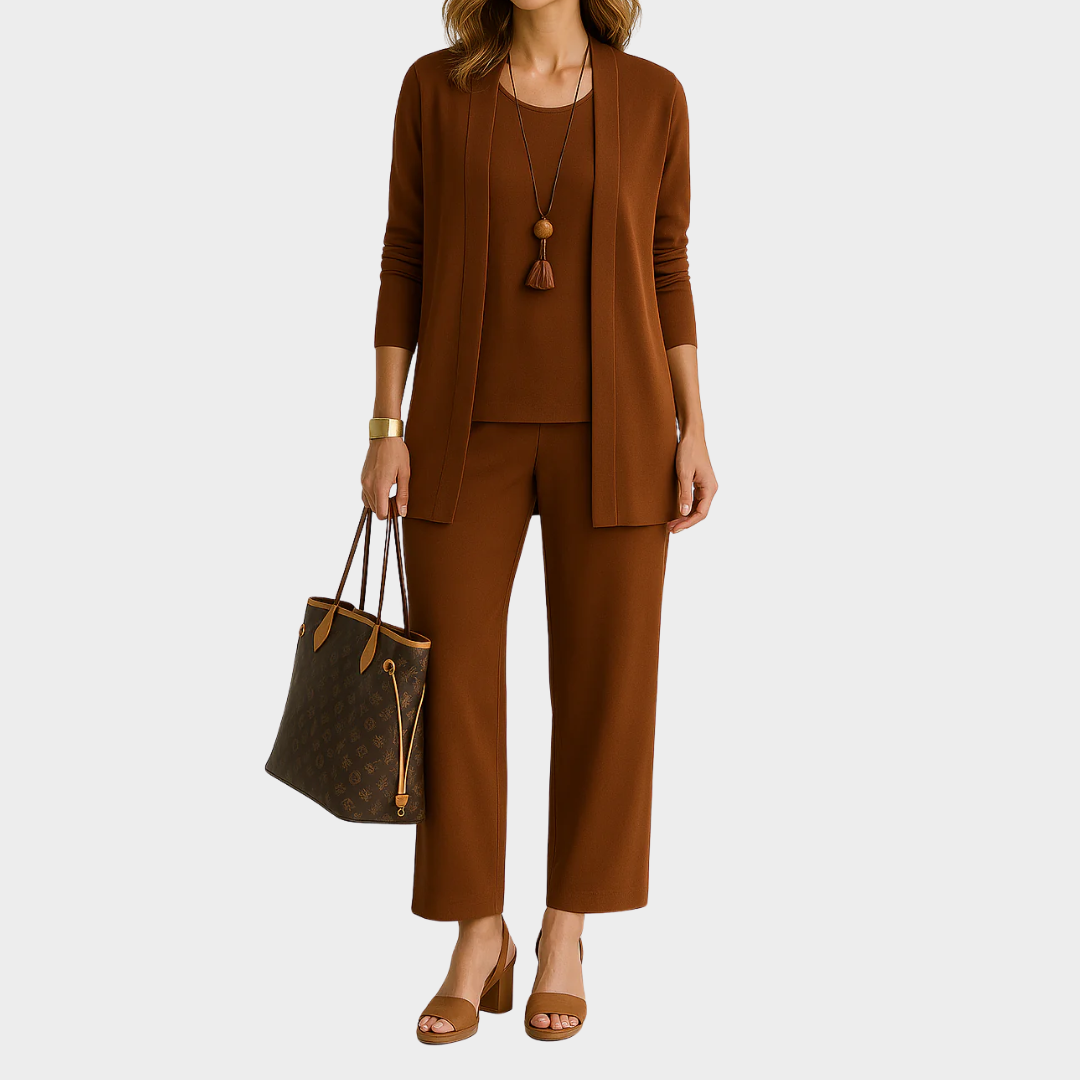 Women Relaxed Fit 3 Piece Pantsuit Set – Long Sleeve Cardigan O Neck Vest Wide Leg Trousers Comfortable Fabric – Multiple Colours
