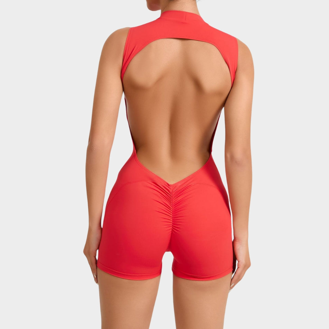 Women's Backless Sports Jumpsuit - Bodycon One-Piece Gym Romper - Scrunch Back - Multiple Colours