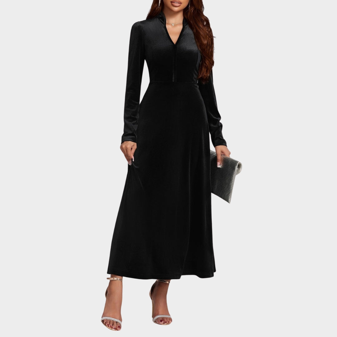 Women's Velvet Evening Dress - Long Sleeve - Elegant Maxi Dress - Luxurious & Flowy - Black