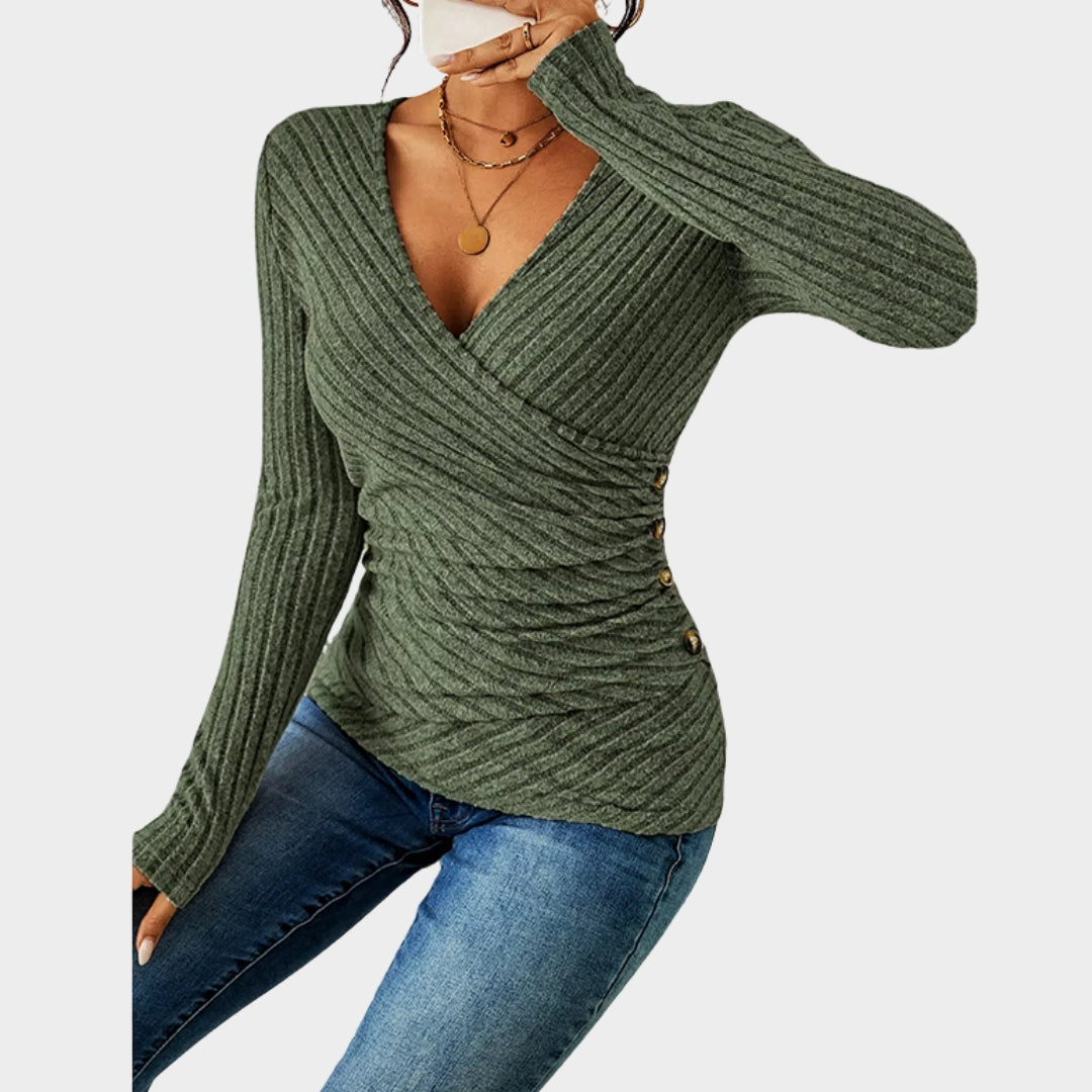 Women's Knitted V-Neck Sweater - Button Detail - Slim Fit & Soft Pullover - Warm & Comfortable - Multiple Colours