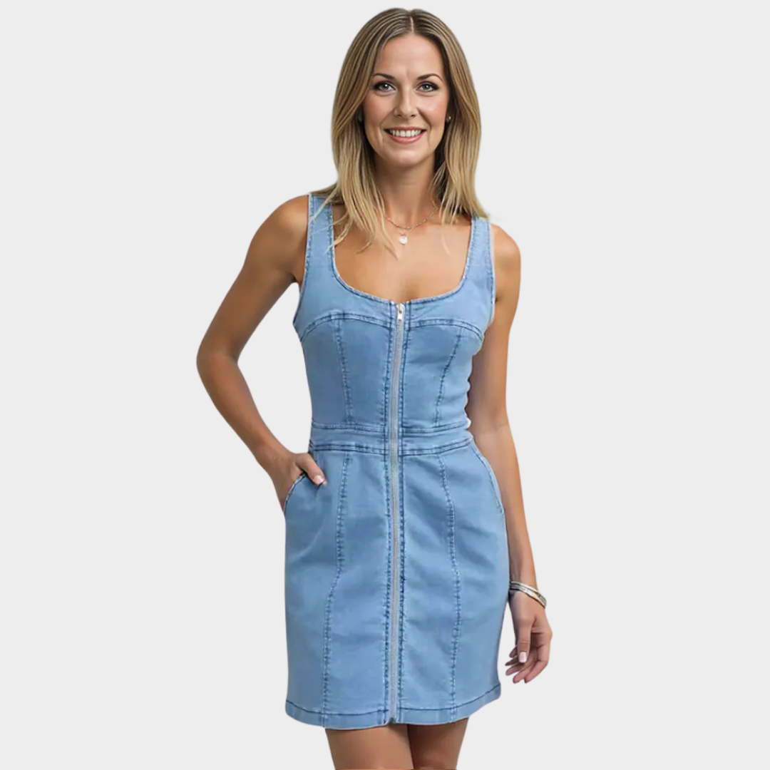 Women's Sleeveless Denim Dress - Casual Slim Fit Button-Up - Solid Color Mini Dress - Multiple Colours