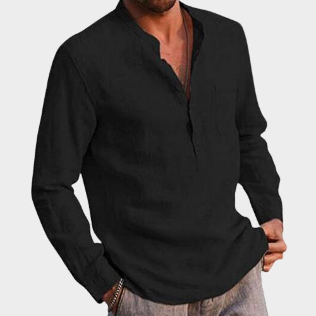 Men's Long-Sleeve Shirt - V-Neck - Button Pocket Design - Cotton - Casual Fit - Multiple Colours