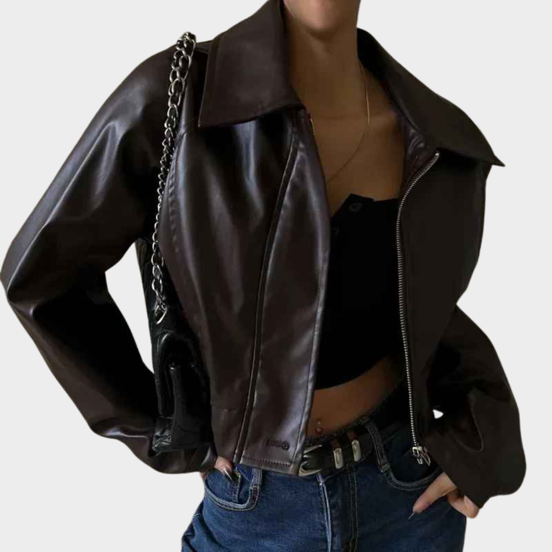 Women's Faux Leather Jacket - Oversized Cropped Coat - Zipper Front - Turn-Down Collar - Brown