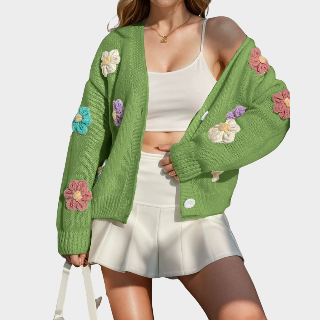 Women’s Knit Cardigan – Oversized Fit with Handmade Floral Accents and Button Front – Multiple Colours