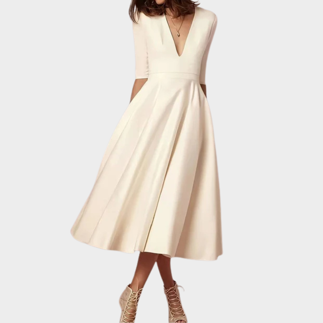 Women's Long V-Neck Slit Dress – Short Sleeve – Solid Colour – Elegant Fit – Lightweight Soft Fabric – Multiple Colours