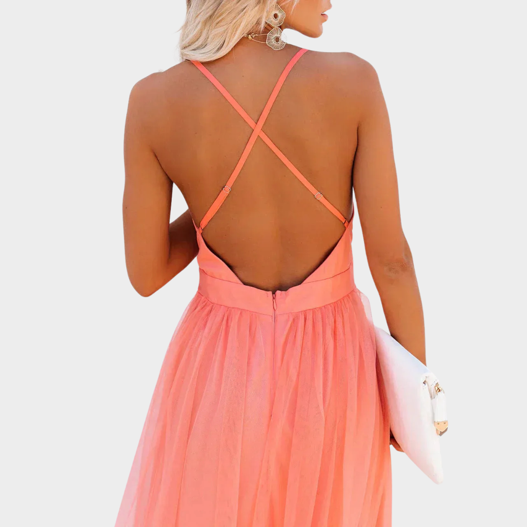 Women’s Sleeveless V-Neck Midi Dress – Backless Design with Elegant Slim Fit – Lightweight Comfortable Fabric – Orange