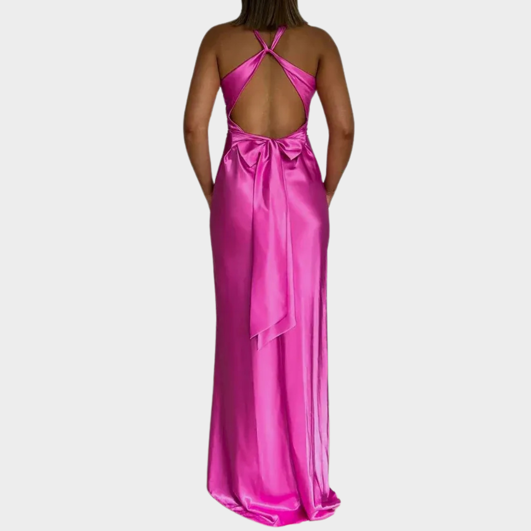 Women’s Maxi Dress – Sleeveless Satin Gown with V-Neck and Bow Tie Back – Elegant Fit for Evening Events – Multiple Colours