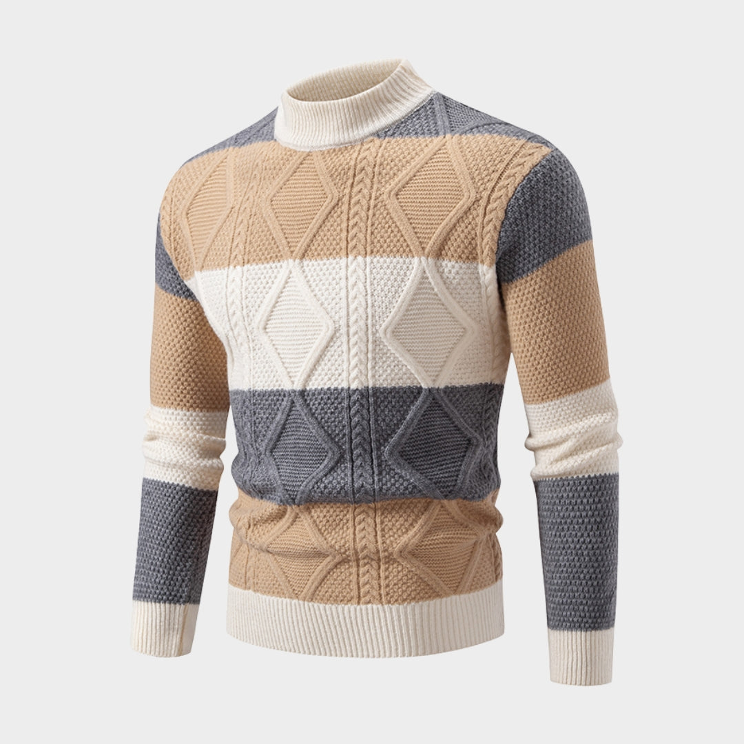 Men's Fashion Patchwork Knitted Sweater – Mock Neck Casual Sweater, Long Sleeve, Autumn Winter Style (Blue, Khaki, Green)