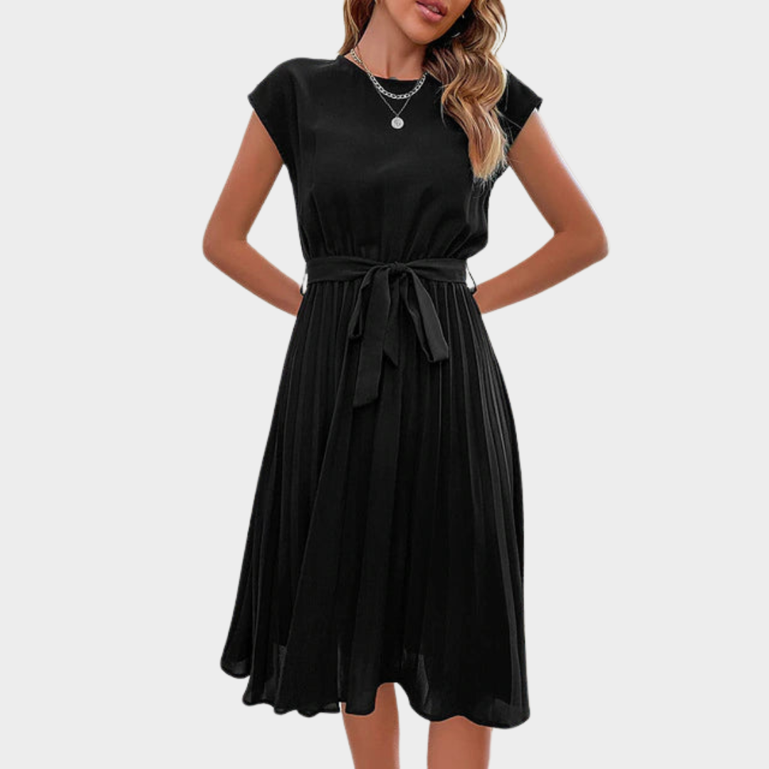 Women's Short Sleeve Pleated Midi Dress – Elegant & Flowy – O-Neck Tunic – Multiple Colours