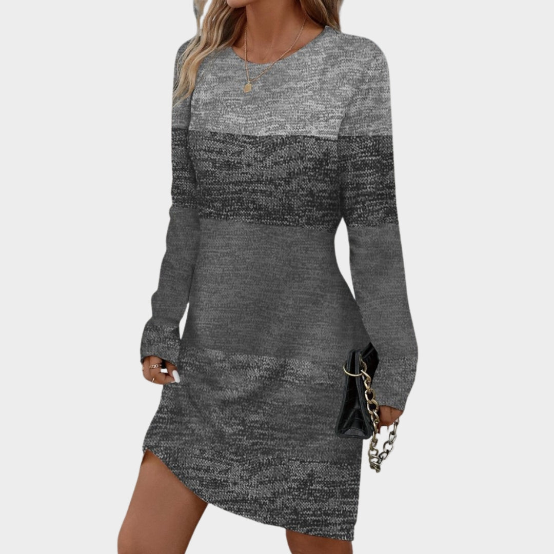 Women's Spring Autumn O-Neck Long Sleeve Casual Dress – Fashion Print, Knee-Length Office Lady Style (Light Brown, Blue, and More)