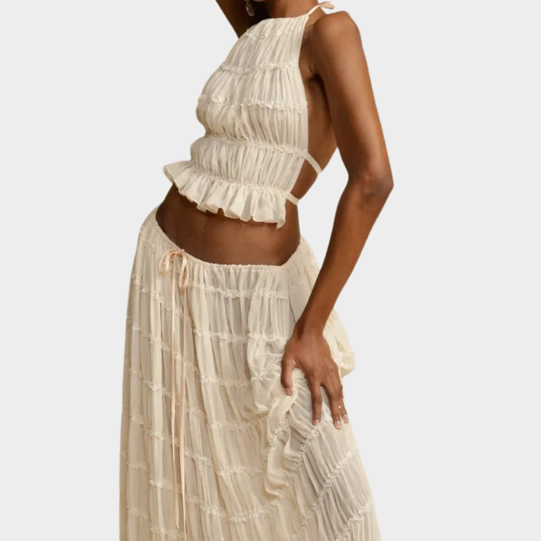 Women’s 2-Piece Halter Neck Skirt Set – Elegant Long Dress Style with Open-Back Top – Lightweight Fit – White