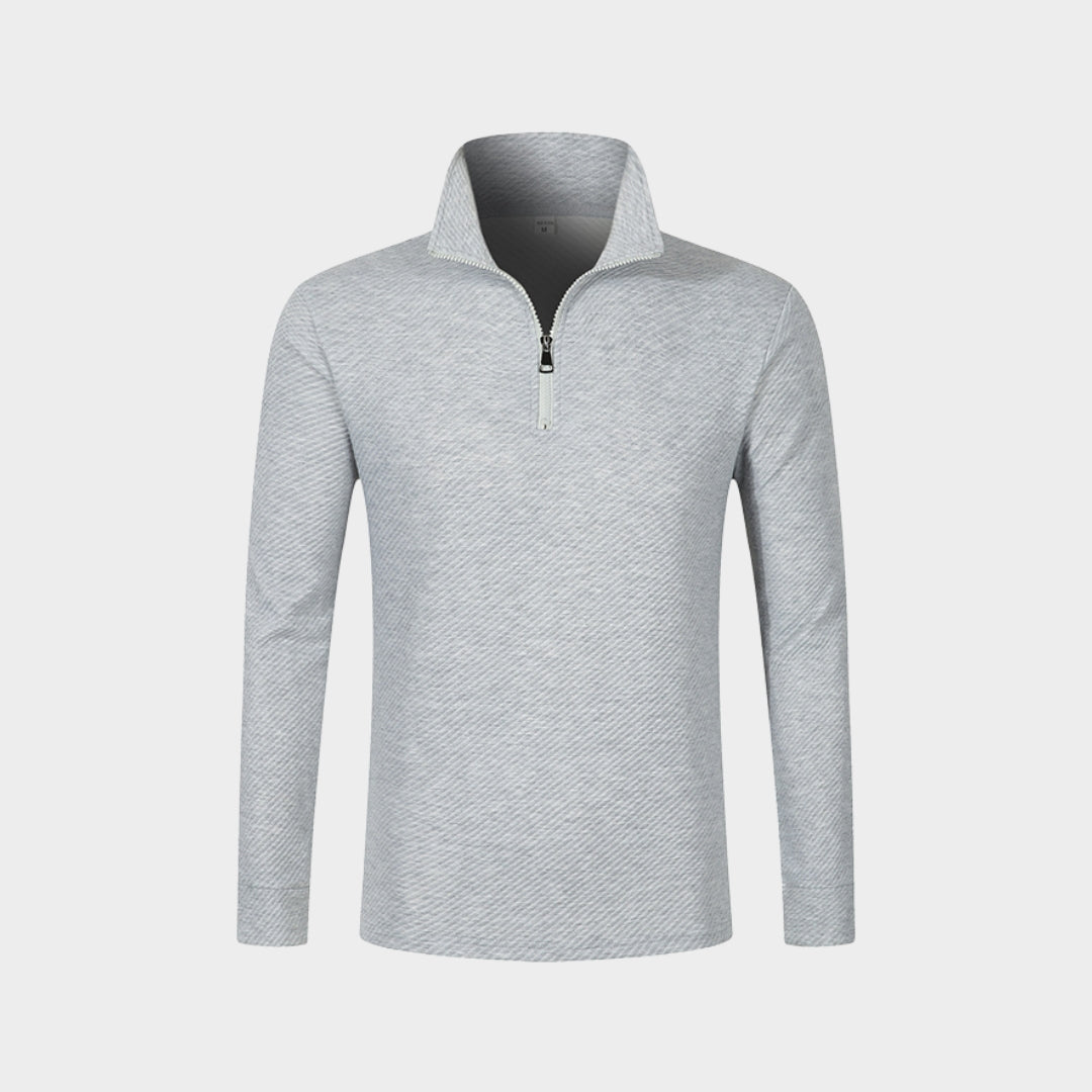 Men's Long Sleeve Polo Shirt - Twill Jacquard Zipper, Comfortable Breathable Casual Top, Dark Grey, Light Grey, Khaki